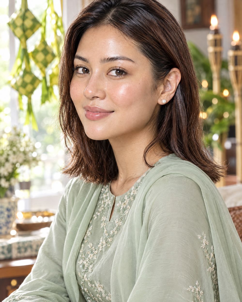 A woman in a sage baju kurung on Raya morning with fresh skin